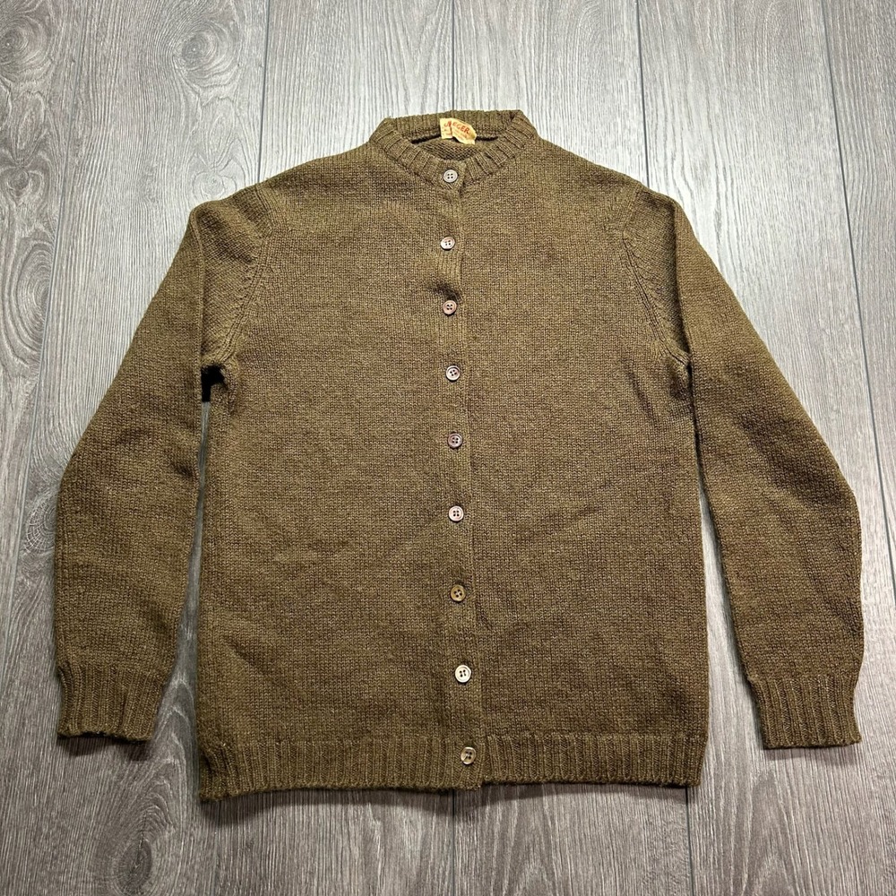 Vintage Jaeger Mens Shetland Wool Small Cardigan Sweater Olive Brown 1960s UK 36